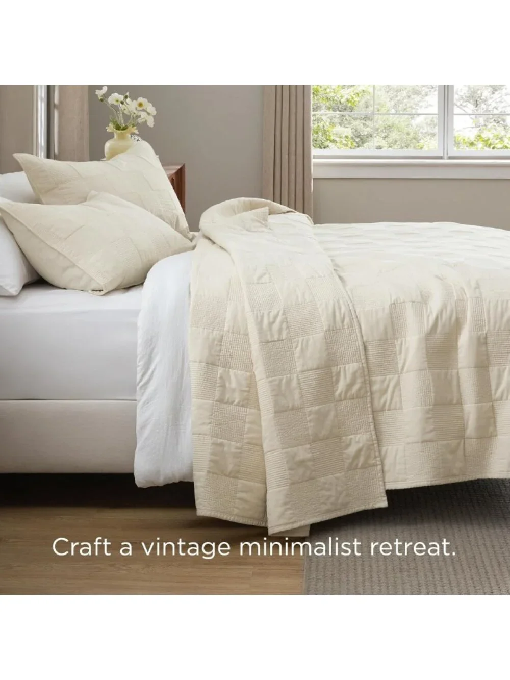 100% Cotton King Quilt Set, Checker Pattern, Soft Beige Comforter for Cozy
